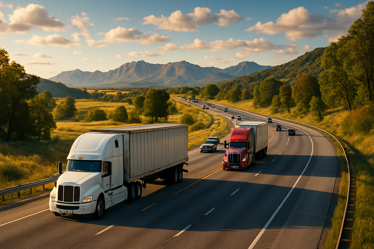 beautiful scenary of USA highway with 18 wheelers driving around