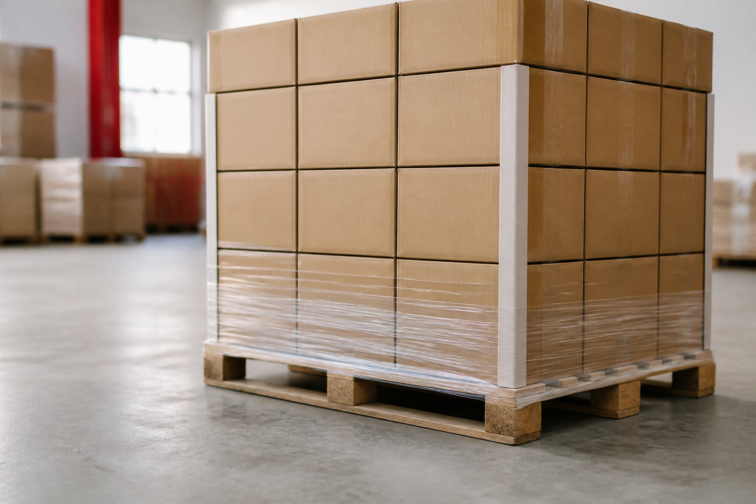 AI-generated illustration of stacked cartons with stretch wrap and corner protection