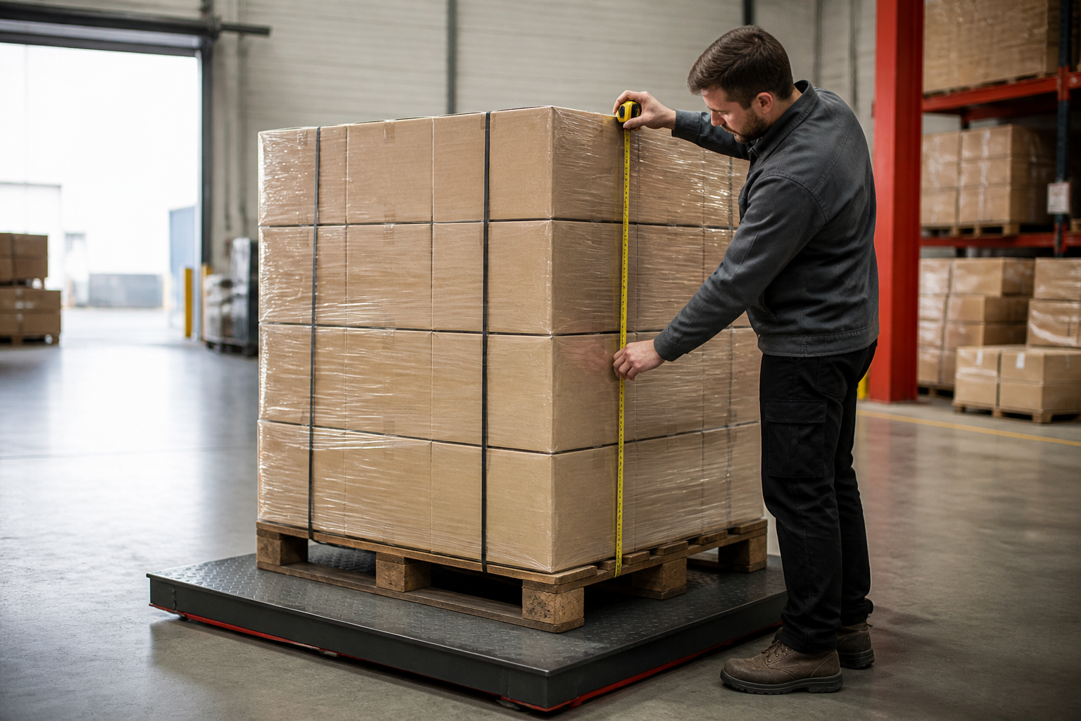 AI-generated illustration of a warehouse worker measuring palletized freight