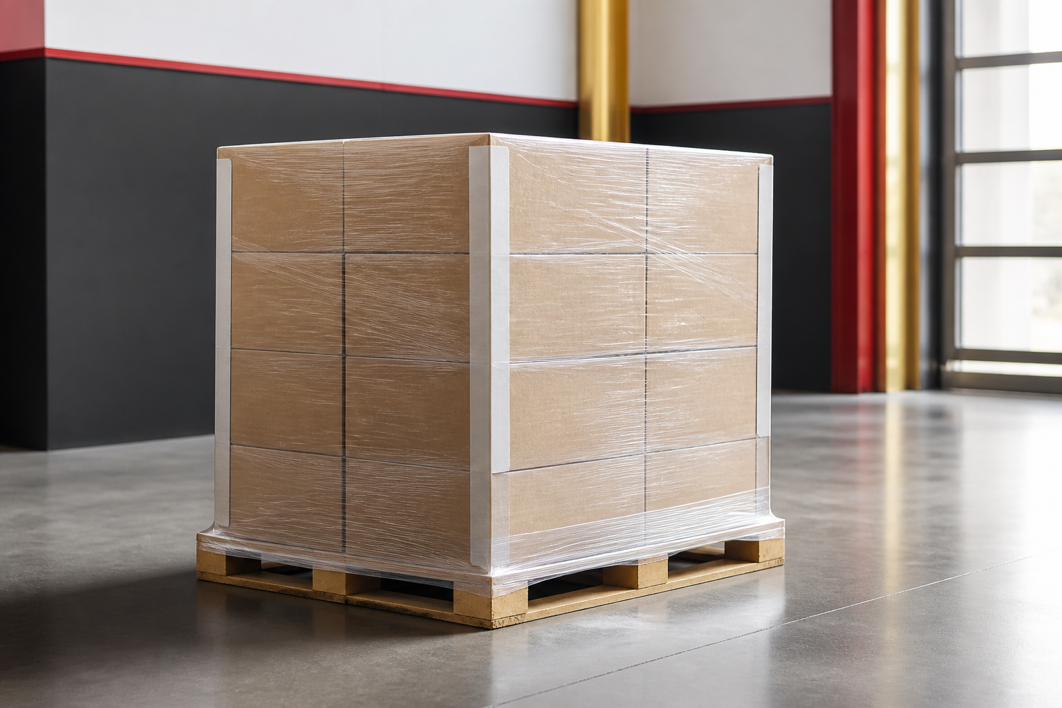 AI-generated illustration of a wrapped pallet prepared for freight shipping